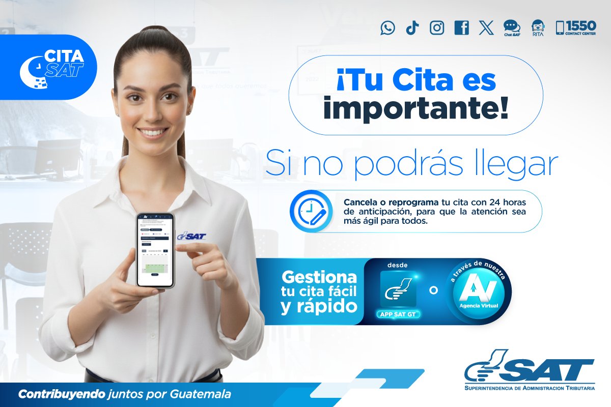 SATGT's tweet photo. ⌛ ¿No podrás llegar a tu #CitaSAT?

Con 2️⃣4️⃣ horas de anticipación puedes cancelar o reprogramar desde la app SAT GT o #AgenciaVirtual y así podremos atender a todos con agilidad. https://t.co/prWBKpYod5