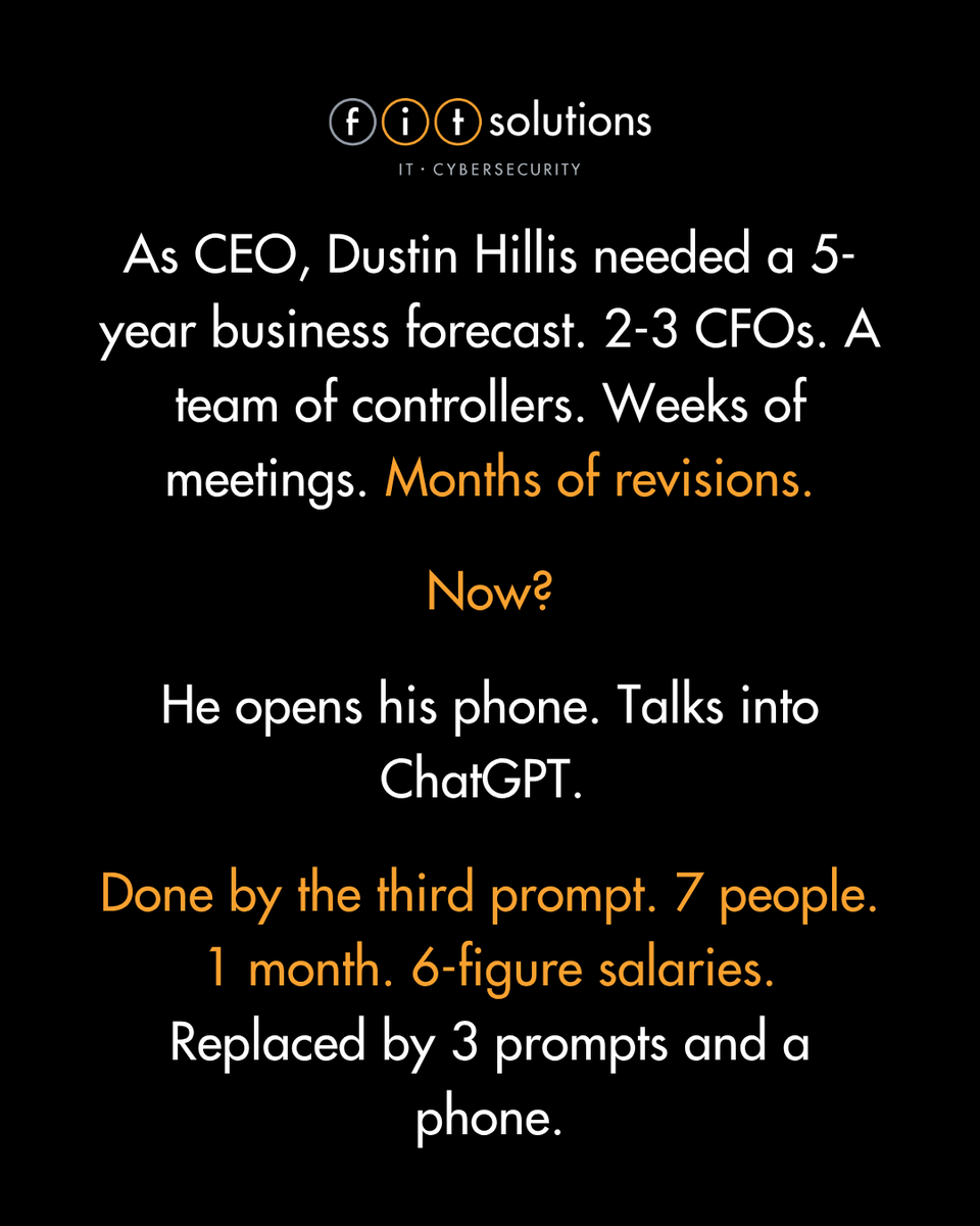FITsolutionsIT's tweet photo. What used to require a team, months of work, and six-figure salaries just became a 10-minute conversation on a phone 📱

Dustin breaks down exactly what that means for you on Episode 1 of the FIT for Success Podcast. 🎙️

#podcast #ai #techpodcast #chatgpt #artificalintelligence https://t.co/IM5FBmaRPd