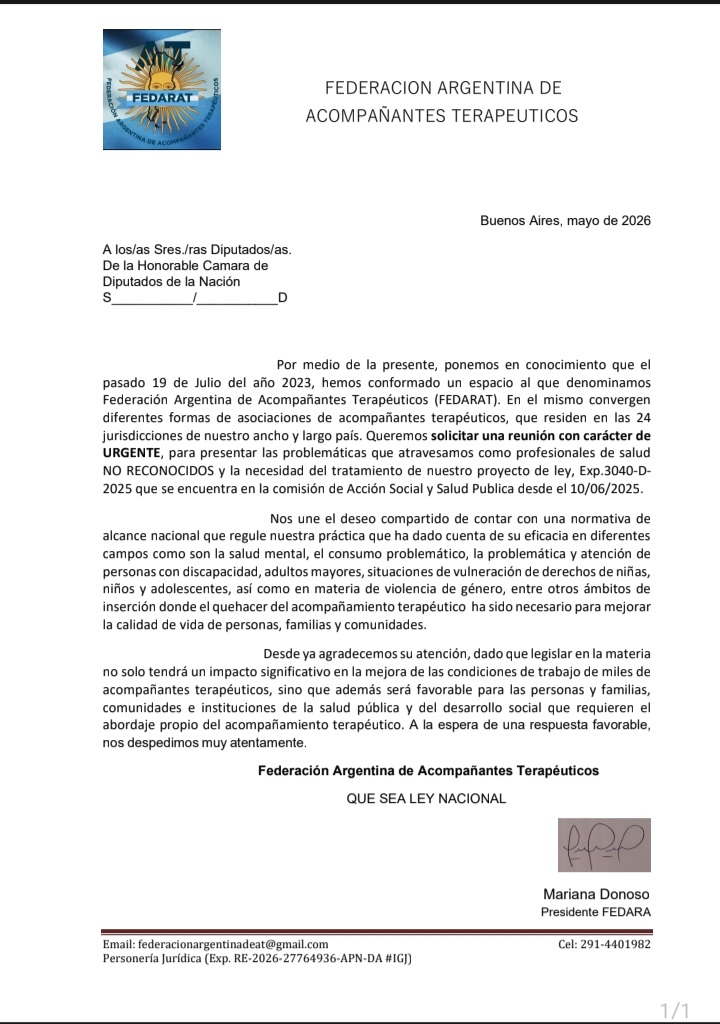 FEDARAT's tweet photo. Los Acompañantes Terapéuticos solicitamos a la @DiputadosAR y a la comisión de Accion Social y Salud Pública una audiencia para solicitar el pronto tratamiento del exp 3040-D-2025 https://t.co/RFF9oRzw0q
