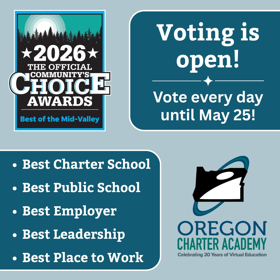 OregonCharter's tweet photo. Help us keep our title of best of the best! Oregon Charter Academy has been nominated for five categories.

You can vote every day through May 25. Go to https://t.co/CFKgbDU4eQ to cast your vote! 

#oregoncharteracademy #ORCA #BoMV #bestofmidvalley #awards https://t.co/lsPgmYCCPt