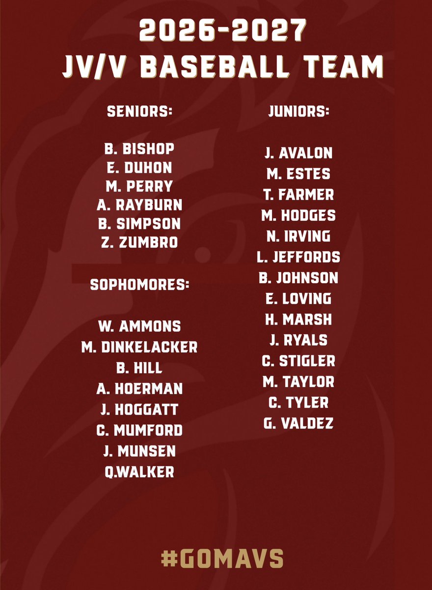 GM_BASEBALL's tweet photo. Congratulations to the following players on being selected to the 2026-2027 JV/Varsity Baseball team. We will have information regarding summer workouts in the coming weeks. #GoMavs https://t.co/daD5Grz3Tg