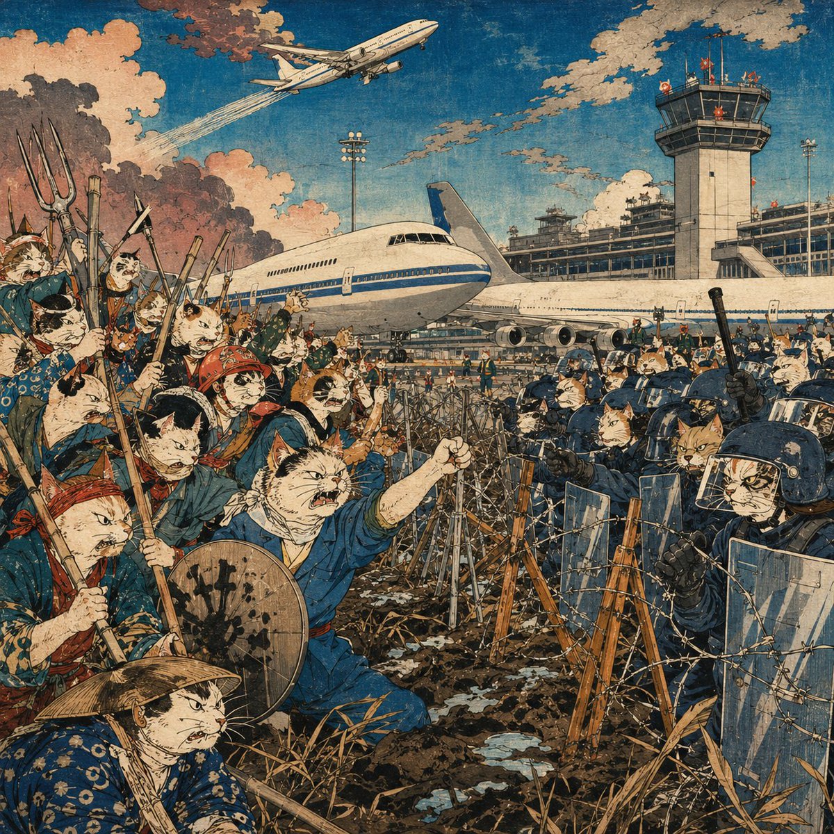 昭和ネコイズム 成田国際空港、開港（1978年5月20日） 画：安達猫風