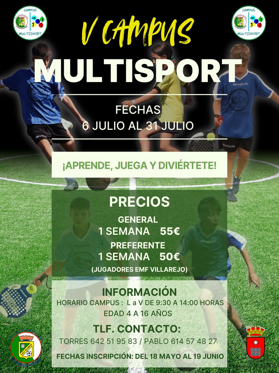 emfvillarejo's tweet photo. 💚 EMF. VILLAREJO 💚

🟢⚪️V CAMPUS MULTISPORT

⭐️Del 6 de julio al día 31.

#JuntosSomosFuertes
#OrgulloVerdiBlanco
#VamosVerdes https://t.co/CPSLKAftKE