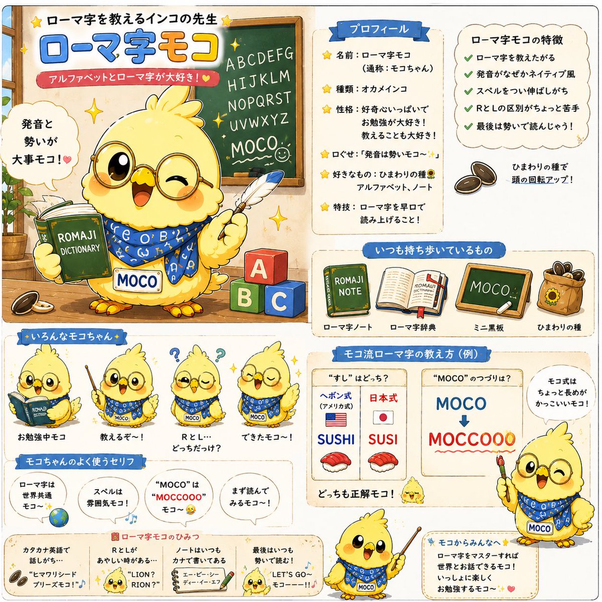 モコページです。 ローマ字を勉強中の 「ローマ字モコ」誕生モコ〜🔤🐥✨ “SUSHI”か“SUSI