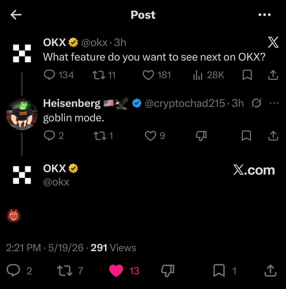 MarcellxMarcell's tweet photo. in the past hour one of the openai devs said that the next chatgpt update will be goblin &amp; OKX went goblin mode

very early for $GOBLIN https://t.co/b8otEdh1jo