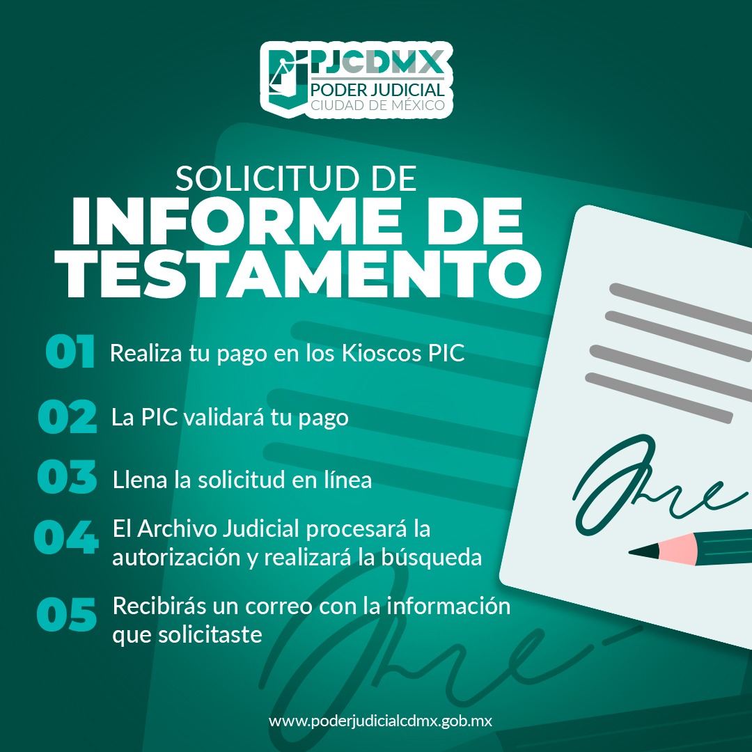 PJCDMX's tweet photo. 📄 El #PJCDMX facilita en línea la solicitud de informe de testamento: realiza tu pago en Kioscos PIC, llena la solicitud y recibe la información por correo electrónico.
Consulta el servicio digital y conoce los requisitos.
#CDMX #PJCDMXvirtual https://t.co/DIWmqIKmWm