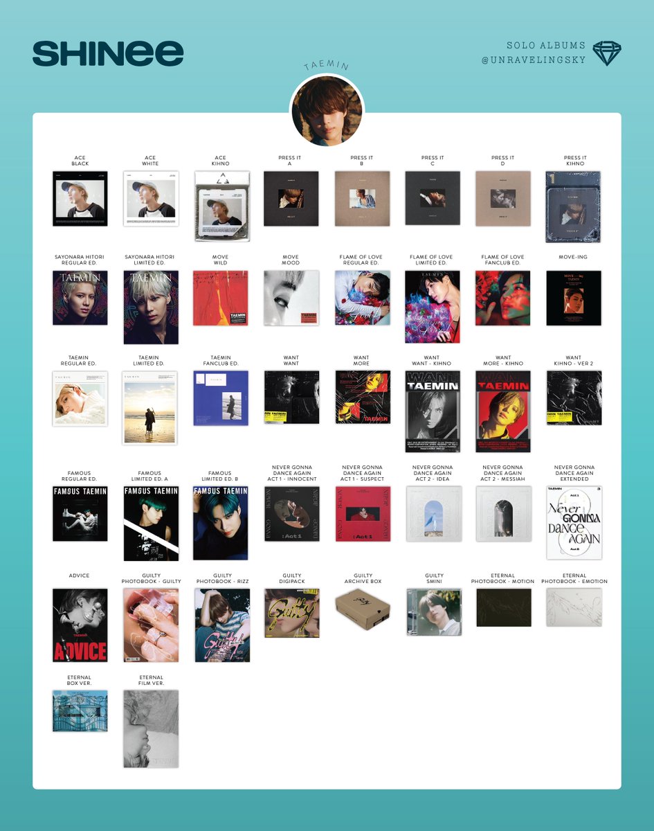 unravelingsky's tweet photo. SHINee Solo Albums Template   
*most updated as of May 2026*

If there happens to be any corrections they'll be added to the thread! Please rt if you save tysm! 💜 

#TAEMIN #태민 #KEY #키 #MINHO #민호 #ONEW #온유 #JONGHYUN #종현 #샤이니 https://t.co/Xa6BdZ14hR
