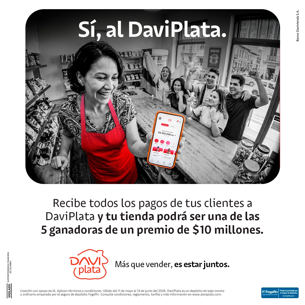 DaviPlata's tweet photo. Haz que tu tienda se luzca para la fiesta del fútbol. Asegura cada venta por DaviPlata y podrás ganar un premio de $10millones para que tu tienda quede espectacular. Participa del 11 de mayo al 14 de junio del 2026.