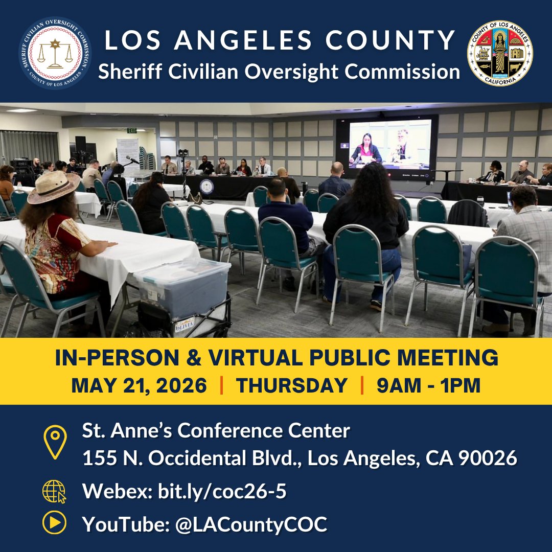 LACountyBOS's tweet photo. Join @LACountyCOC at their upcoming meeting on Thursday, May 21 at 9 a.m.

Community input is vital to the work of the Commission. Join the meeting in-person or remotely, and submit public comment.

Visit: https://t.co/3fE8OLrqBY https://t.co/YbTpQftZ4J