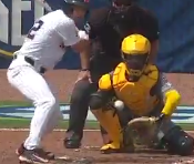 IntuitiveAllen's tweet photo. @EddyFurniss There is a lot of distance between the front of the plate and the catchers mitt when the batter is in the back of the box. I can't be certain when trying to slow the vid down that I captured at front of plate but its close. Watching live I thought was low. https://t.co/u5G6EYxUUU
