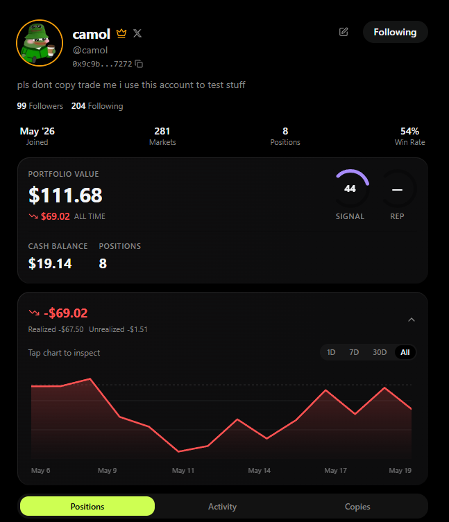 FogoNPC's tweet photo. Half the fun of betting event markets should be shit talking your friend's braindead takes. No one has really embraced a social layer of predictions...until now👀

@TradeOnsight is currently in a closed alpha testing, but I'm gonna tell you why you need to try it ASAP and how to get in early

👇

Onsight turns prediction markets into a legitimate social experience. This is an area that is currently completely lacking across all big PMs

You build actual discoverability and clout off your verified P&L instead of just posting screenshots. Hit an insane win? Your whole circle sees it. It is very similar to FOMO for memecoins.

But here is the best part: the fee share

If your friends copy trade your bets...or counter trade your horrible takes... you get a cut of the fees. It's a massive win-win. Profitable traders print referral money, and followers get to piggyback the good traders

This is exactly why getting in the alpha matters right now

Build your track record early and establish that clout. When private alpha ends, you'll already be near the top of the leaderboard

More early clout = more copy traders = more rewards down the line for bets you were making anyway

Reply below and I'll drop a code in your DMs to access the closed alpha👇