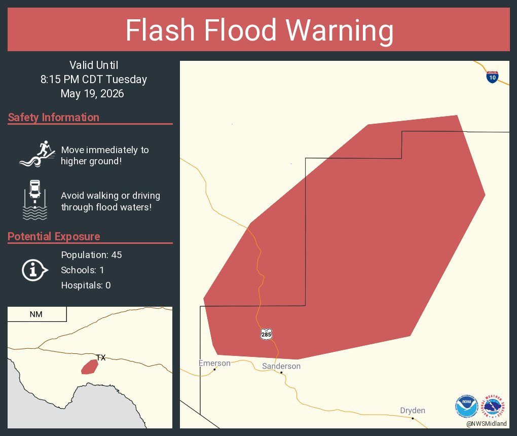 NWSMidland's tweet photo. Flash Flood Warning including Pecos County, TX, Terrell County, TX until 8:15 PM CDT https://t.co/6PjaiAKZae