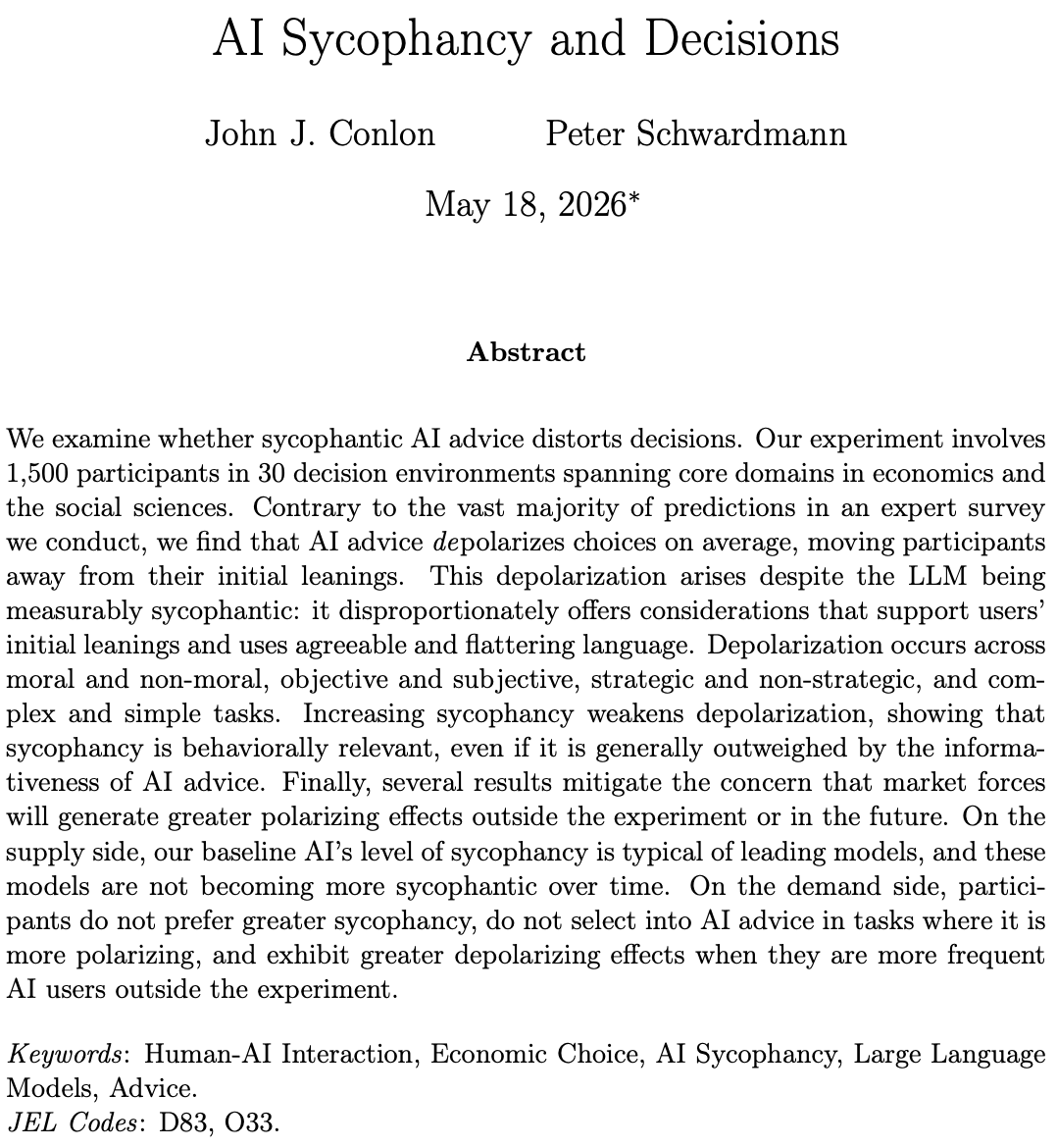 JohnConlon7's tweet photo. New paper! Peter Schwardmann and I ask: Does AI advice make people more polarized by flattering their existing views? Our experiment includes 1,500 participants, 10,000 human-AI interactions, and 30 decision environments across economics and social science. https://t.co/92jXuzcR5p