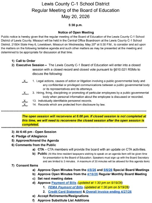 _GoCougars_'s tweet photo. The LCC1 Board of Education will conduct their regular monthly meeting tomorrow night (5/20/26) at 5:30 pm with Open Session beginning at 6pm.  The full agenda can be viewed here: https://t.co/Fc9eMOQlFC https://t.co/e2MfdqQ4fb