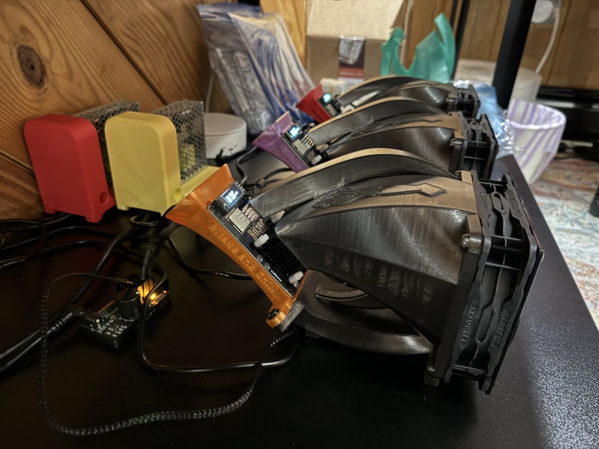 ThisHighUp's tweet photo. The Phanteks T30 12v fan eats Noctuas for breakfast, and I've been a hardcore Noctua fanboi forever. Only caveat, this isn't a fan you want running in your bedroom or office; it's not annoying noise, but it's just a lot of air moving through a duct which isn't quiet.

The Squid paired with a T30 is prime cooling form, though. Didn't even feel inclined to mess with the stock heatsinks. Have a dedicated 12v Meanwell for the fans running on a PWM controller. Stats are the 3 Squids on the bottom in the screenshot. They've been running high 50C's/low 60C's all winter in a 62F room; room temp today for the screenshot is 73F.