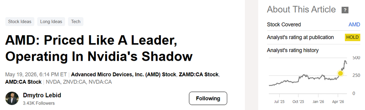 Dmytro_Lebid's tweet photo. At current levels, $AMD represents a high-risk, high-beta investment. In the event of a market correction or macro shocks, its lack of a fundamental "safety cushion" could trigger a sharp 20–30% drop toward sector medians—falling faster than the more resilient and higher-margin $NVDA.

In my latest article for Seeking Alpha, I break down AMD's core growth drivers, the competitive advantages of its business strategy, key takeaways from the Q1 2026 earnings, and long-term forecasts up to 2030.

The analysis addresses critical questions: Is AMD a buy right now? And if a market correction hits, can the company’s structural catalysts outweigh macro headwinds?

Investors must strictly separate the brilliant execution of AMD's engineers from the market's valuation of the stock. Trading at a massive 56.5% Forward EV/EBITDA premium to its peer group, coupled with an inferior margin profile compared to Nvidia, the stock presents a dangerous asymmetric risk for buyers at these levels.

👇Link to the full article in the pinned comment below.👇