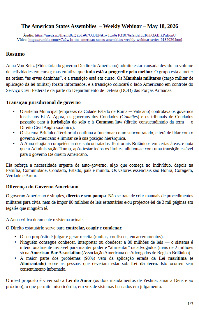 RestaurarPortug's tweet photo. A EFECTIVA TRANSIÇÃO JURISDICIONAL COMEÇOU — (Fiduciária do governo De direito Americano | The American States Assemblies  – Weekly Webinar – May 18, 2026):
Áudio: https://t.co/vt4oj16esX
Vídeo: https://t.co/V7huXhkKof https://t.co/GYyA63YhS0