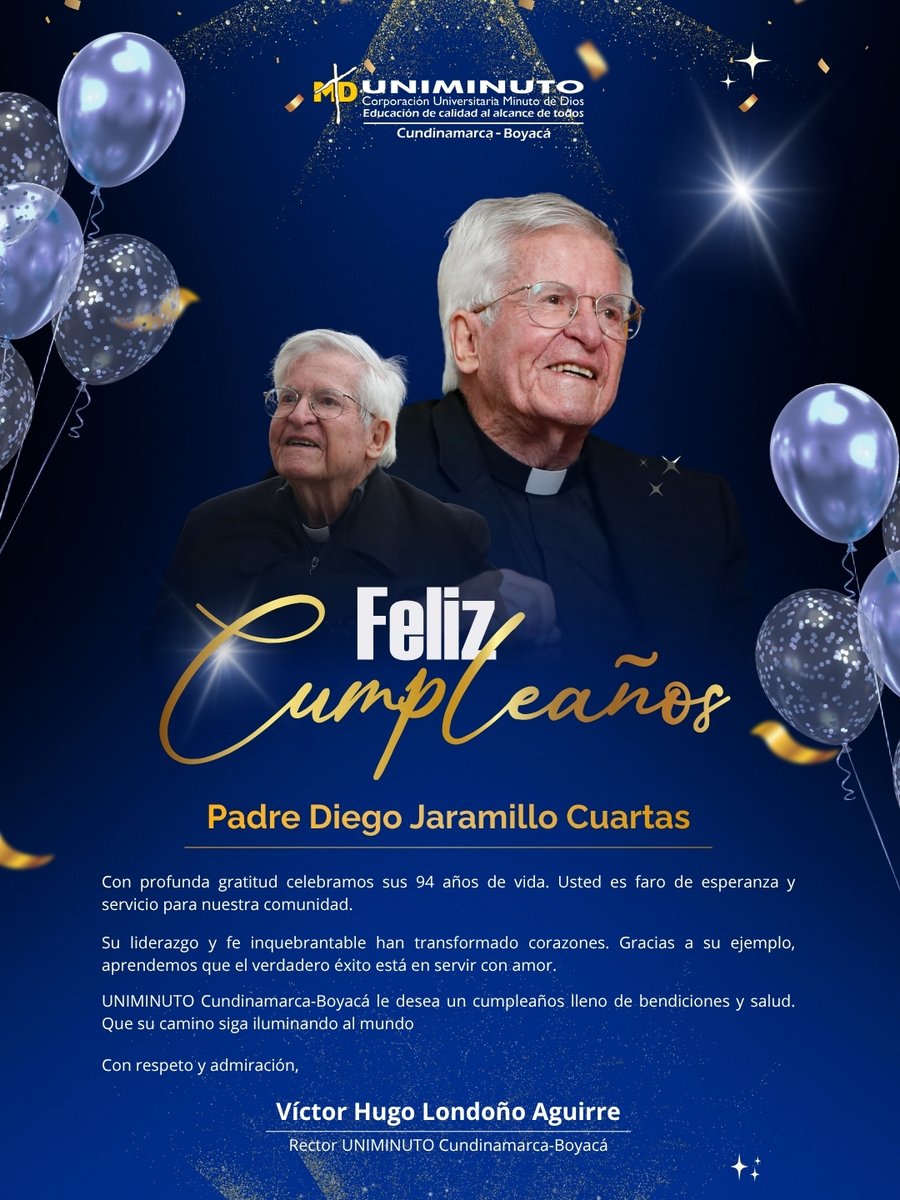 RecUNIMINUTOCB's tweet photo. ¡Que privilegio caminar al lado del Padre Diego Jaramillo y contagiarse de su sonrisa! Hoy celebramos sus 94 años dándole gracias a Dios por su guía, su lucidez y esa entrega incansable a los colombianos y a esta gran obra. ¡Feliz cumpleaños, Padre! https://t.co/qSi26aBFqu