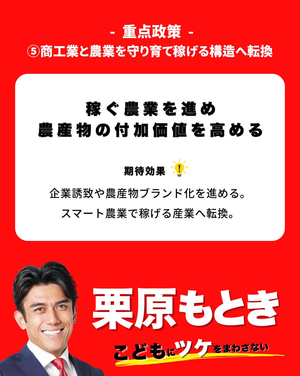 野田市議会議員選挙 重点政策④⑤⑥ 商工業と農業を守り育て稼げる構造