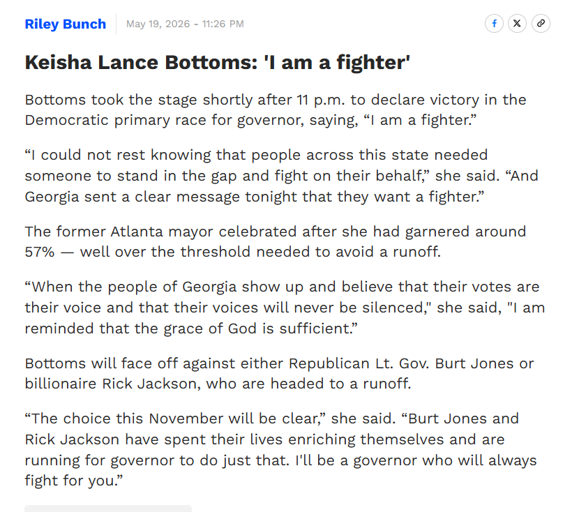 ribunchreports's tweet photo. Keisha Lance Bottoms declares victory in Democratic primary race for governor. #gapol #atlpol https://t.co/Jh3x2jRmoF