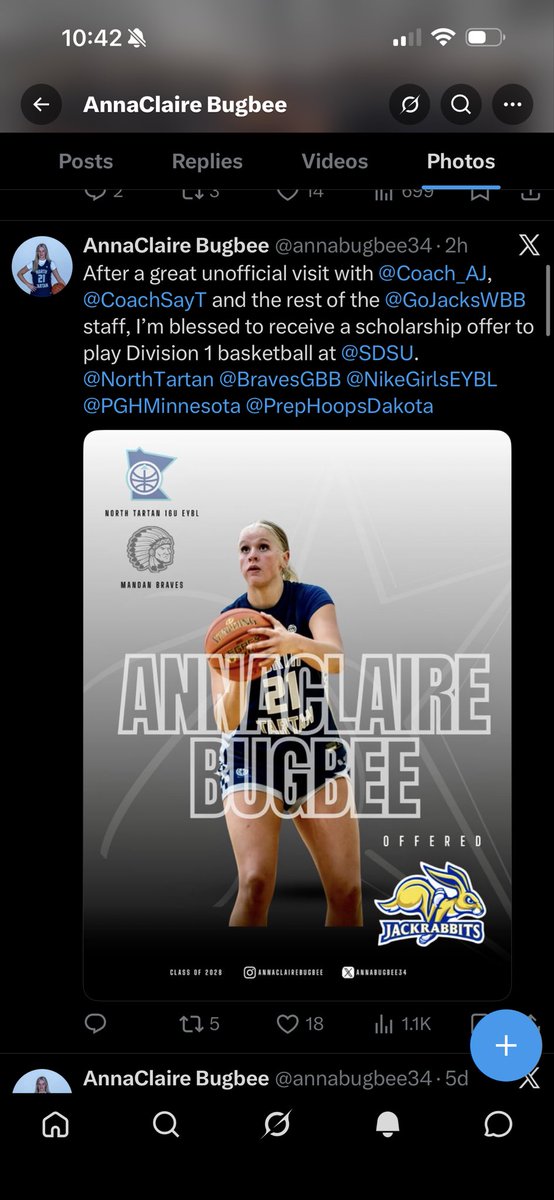 CoachBensonND's tweet photo. Summit League’s top two teams offer @BravesGBB standout @annabugbee34. The offers are going to start flooding in for the 6’2 All-State Forward @PrepGirlsHoops @PGHDakotas 

#NDpreps https://t.co/SE3GYt7euG