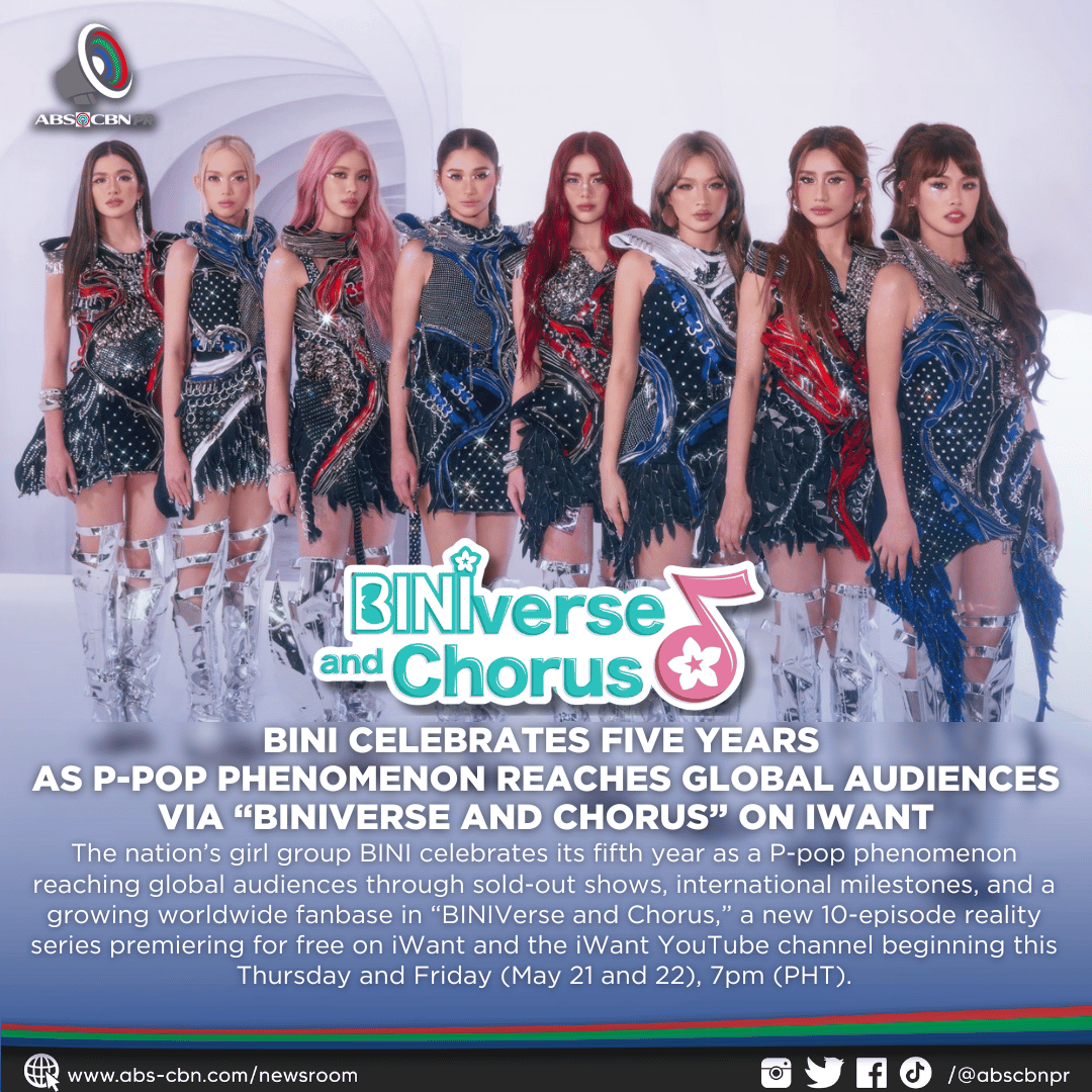 ABSCBNpr's tweet photo. BINI celebrates five years as a P-pop phenomenon in “BINIVerse and Chorus,” a first-of-its-kind reality competition streaming for free on iWant. 🌸✨

Blooms also get the chance to write a song that could become BINI’s next single!

#BINIVerseAndChorus #BINI #iWant https://t.co/FllhQmpkiW