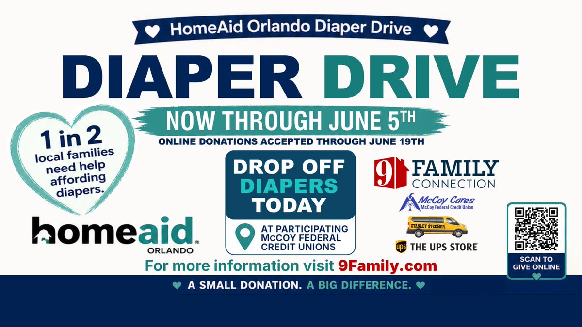 WFTV's tweet photo. Now through June 5, you can drop off diapers at participating McCoy Federal Credit Union locations. Online donations are accepted through June 19.

Find locations and learn how to help at https://t.co/oFXNj37wV3. https://t.co/2yQgxV1tL1