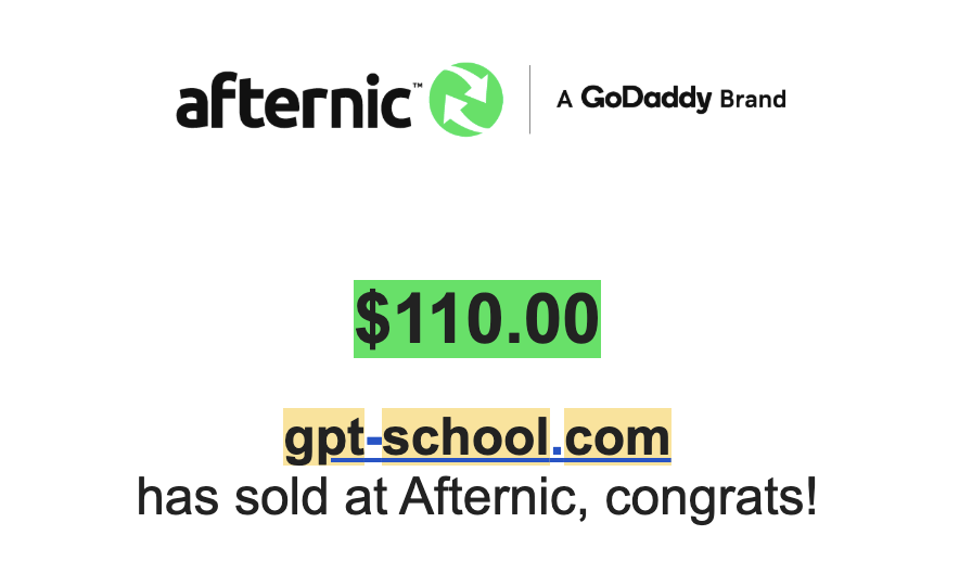 NameHubs's tweet photo. GPT-School .com
has sold for $110 via @afternic

#Domain #Afternic #Godaddy https://t.co/UU3KIMZxJK