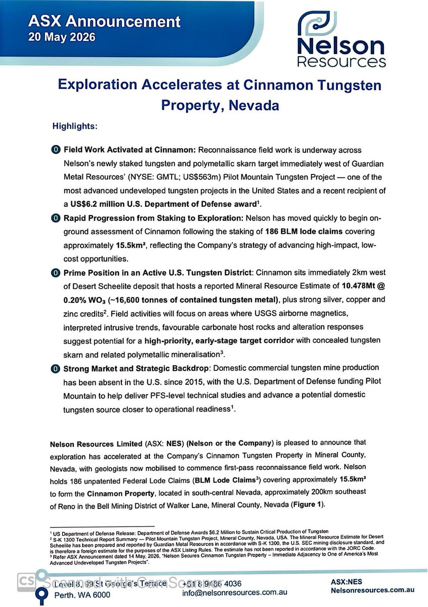 SalvadorMaurice's tweet photo. $NES
Exploration Accelerates at Cinnamon #Tungsten Property, Nevada
Field Work Activated at Cinnamon: Reconnaissance field work is underway across Nelson's newly staked #tungsten and #polymetallic skarn target immediately west of Guardian Metal Resources (US$563m) Pilot Mountain #Tungsten Project -one of the most advanced undeveloped #tungsten projects in the United States and a recent recipient of a US$6.2 million U.S. Department of Defense award