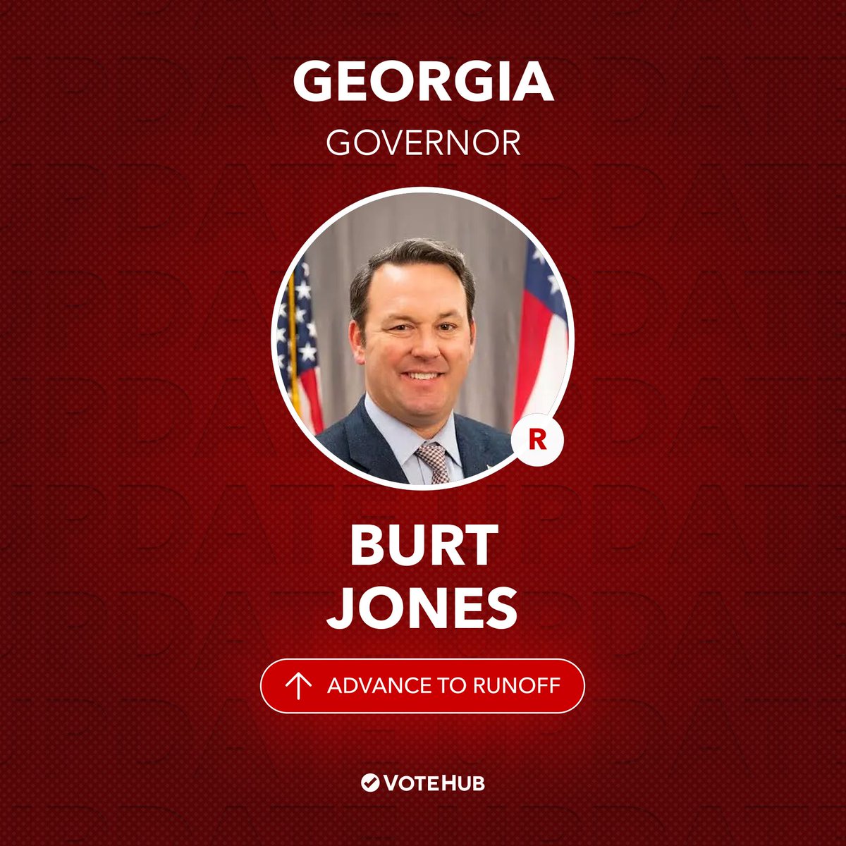 VoteHub's tweet photo. VoteHub projects Burt Jones and Rick Jackson to advance to the Republican primary runoff for Georgia Governor. https://t.co/R2sI7Jy40I
