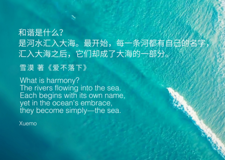 Xuemo1963's tweet photo. 和谐是什么？是河水汇入大海。最开始，每一条河都有自己的名字，汇入大海之后，它们却成了大海的一部分。
雪漠 著《爱不落下》
What is harmony? The rivers flowing into the sea. Each begins with its own name, yet in the ocean's embrace, they become simply—the sea.
Xuemo https://t.co/gSeFIlEPxb