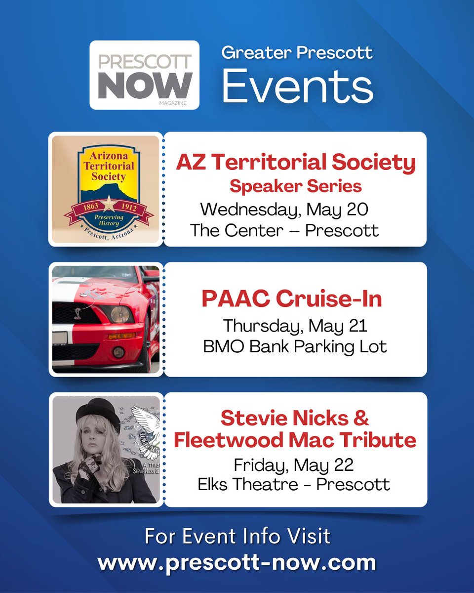 PrescottNOW's tweet photo. Check the Prescott NOW online events calendar for event details, or pick up a free copy of the May issue!
https://t.co/tZXtQETDpE https://t.co/lS4WpZBZ4N