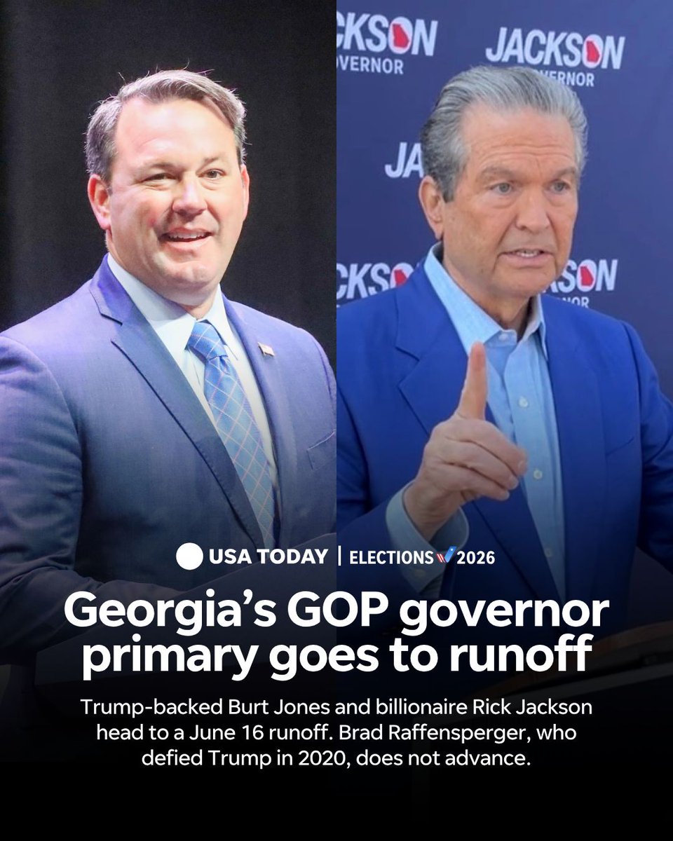 USATODAY's tweet photo. Georgia Secretary of State Brad Raffensperger has fallen short in his bid to become the next governor of Georgia and replace the term-limited Brian Kemp, according to Decision Desk HQ and NBC News.

Neither current Georgia Lt. Gov. Burt Jones, who was endorsed by Trump, nor his challenger, billionaire health care executive Rick Jackson, received 50% of the votes needed to win the state's GOP primary.
📸JOE HOTCHKISS/THE AUGUSTA CHRONICLE,  Richard Burkhart/Savannah Morning News / USA TODAY NETWORK