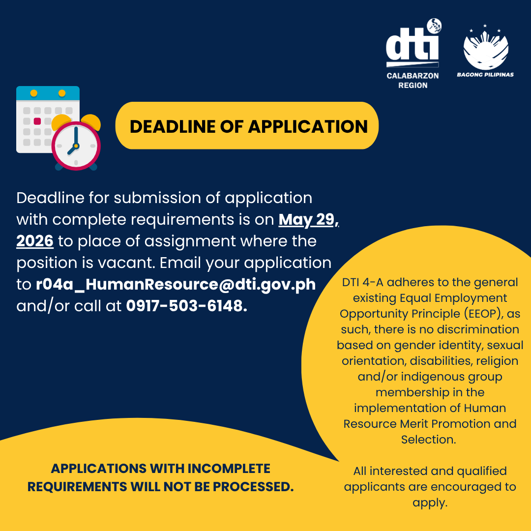 dticalabarzon's tweet photo. 𝐖𝐄 𝐀𝐑𝐄 𝐇𝐈𝐑𝐈𝐍𝐆! 

Deadline for submission of application with complete requirements is on May 29, 2026 to place of assignment where the position is vacant.

#iamDTIph #dti4a #dticalabarzon https://t.co/gkeAn2zzrX