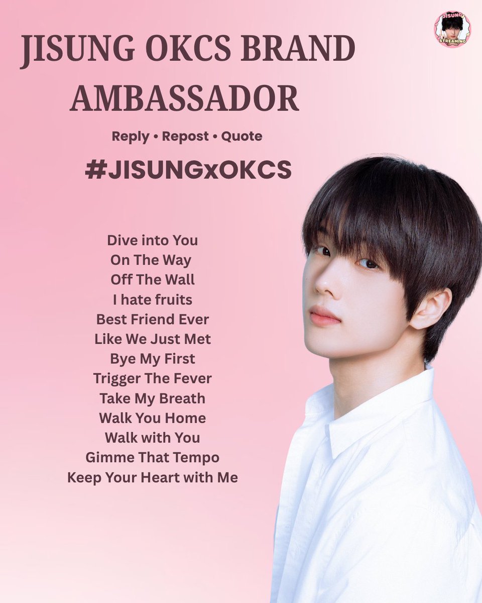 JISUNGSTREAM's tweet photo. Let's show our excitement for 🐹 first solo brand ambassadorship! RT and reply/qrt this post with booster + tags below.

JISUNG OKCS AMBASSADOR
#JISUNGxOKCS https://t.co/y2WPV0sGYM