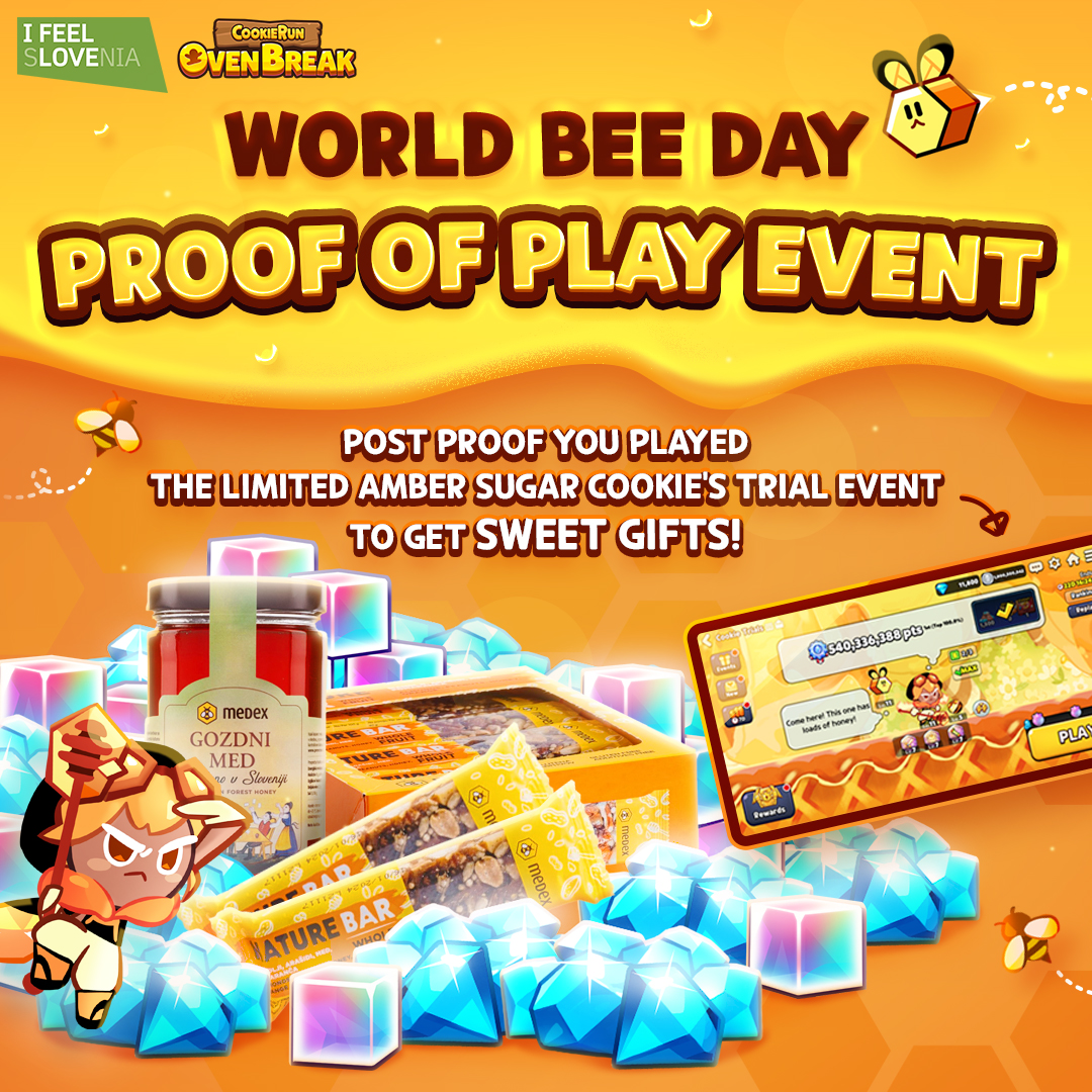 CookieRunOBEN's tweet photo. May 20th is World Bee Day, a day to celebrate nature's tiny little heroes! 🐝
Did you know World Bee Day wouldn't even be a thing if not for Slovenia, a bee-loving nation, suggesting it should be a day to reflect on everything bees do for us? CookieRun: OvenBreak has partnered with the Slovenian Embassy in Korea to cheer on and promote protecting the bees!
Join Amber Sugar Cookie for the cause and have a chance to win sweet honey from Slovenia! 🍯

WORLD BEE DAY PROOF OF PLAY EVENT
1️⃣ How to Join
1. Reach Diamond Rank in the limited Amber Sugar Cookie's Trial! 📸 
2. Post a message for World Bee Day with a screenshot of your rank and the required hashtags below!
Messages can include any warm comments, for example: "Thank you, bees!" "Bees are the bees' knees!" 💬🐝

2️⃣ Eligible Social Media
- Instagram: Tag @cookierun_oven + include the hashtags
-X (Twitter): Include the hashtags
#️⃣ #SlovenianEmbassyinKorea #sloinkorea #CookieRun #OvenBreak #BeeRun

3️⃣ Prizes (10 players worldwide)
- 1 type of Medex Honey from the Slovenian Embassy in Korea
- 5 Medex Nature Bars with Honey
- 520 Crystals, 520 Rainbow Cubes

4️⃣ Event Period 
May 20 (Wed) – June 12, 2026 8AM (Fri, GMT+9)

🚨 Please Note
- Only feed posts are counted on Instagram! (No story posts!)
- Shipping may be limited for some countries or regions.

Let us hear your heartfelt feelings for bees as we all aim for a more sustainable future with nature's busy workers! 💛

#CookieRun #OvenBreak #BeeRun #SlovenianEmbassyinKorea #sloinkorea
