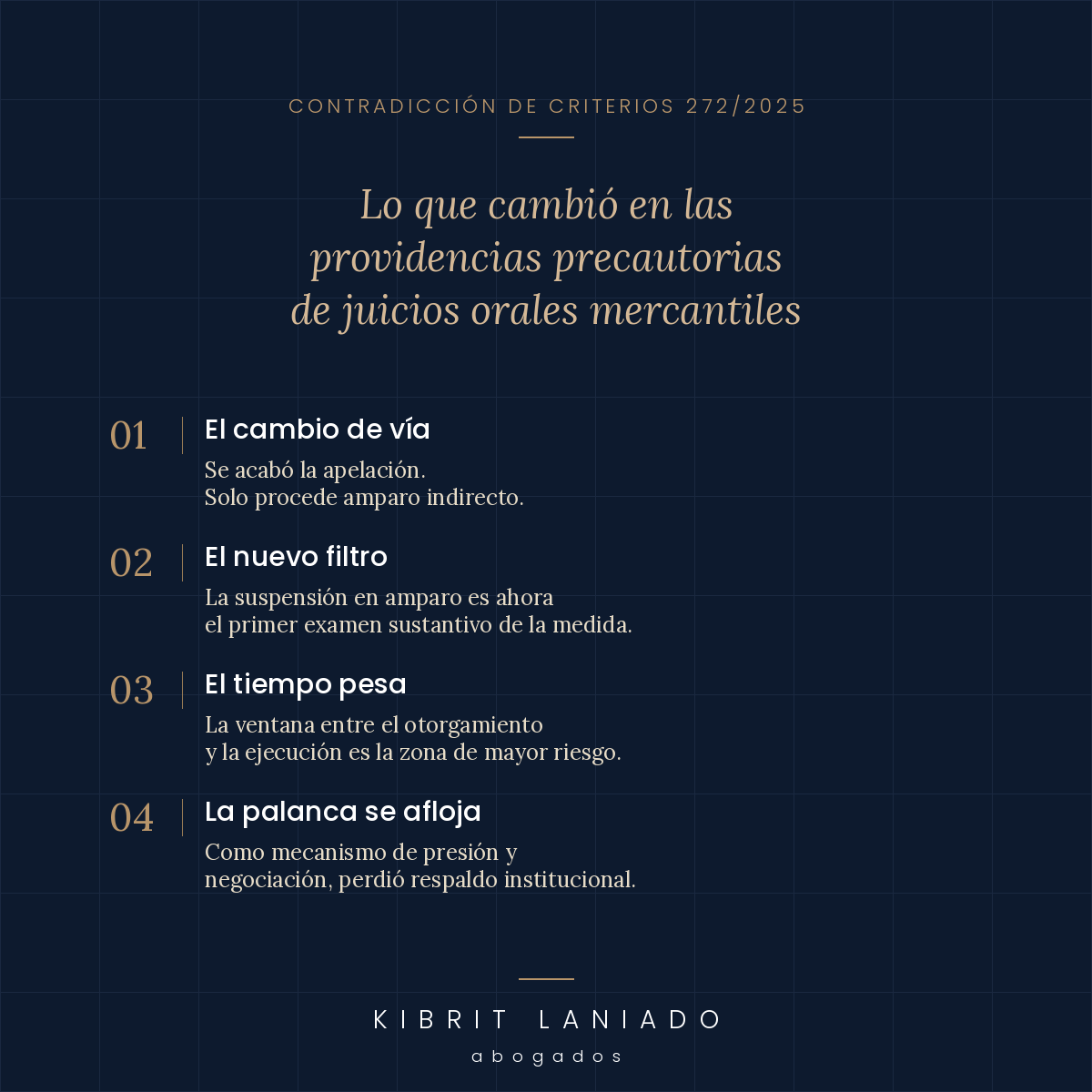sha_ld's tweet photo. Providencias precautorias en juicios orales mercantiles: el cambio que reordena la estrategia

El Pleno de la Suprema Corte resolvió el pasado 11 de marzo la contradicción de criterios 272/2025. La regla quedó así: contra las resoluciones que conceden o niegan providencias precautorias derivadas de un juicio oral mercantil no procede el recurso de apelación previsto en el Código de Comercio. La vía de impugnación es directamente el amparo indirecto. El criterio se extiende también a las providencias prejudiciales, por su vinculación accesoria con el juicio principal.

El verdadero reordenamiento estratégico no está en el cambio de vía, sino en cómo se cruza con el régimen de la suspensión en amparo. Eliminada la apelación, el primer examen sustantivo de la providencia es la suspensión que solicite el afectado. Y conviene tenerlo presente: existe ya una línea jurisprudencial que reconoce que la suspensión puede tener efectos restitutorios cuando sean provisionales y no definitivos. No es una tendencia uniforme ni resuelve por sí sola la suerte de cada caso, pero sí abre un margen que antes se asumía cerrado y que conviene tomar en cuenta al diseñar y al ejecutar la medida.

La celeridad en la ejecución también gana peso estratégico. Una medida aún no ejecutada se paraliza con relativa facilidad vía suspensión; en cambio, una medida ya ejecutada solo se libera si el afectado logra acreditar los presupuestos de una restitución provisional, lo que le exige más argumentación y más tiempo. La ventana entre el otorgamiento y la ejecución se convierte, así, en la zona de mayor exposición de la medida.

Conviene además mirar de frente algo que la teoría suele eludir y la práctica conoce bien. La razón de ser de las providencias precautorias es asegurar la materialización de una eventual sentencia. Pero, en el uso real, también han operado como mecanismos de presión y de palanca en la negociación. Son herramientas que la ley permite y que han movido más acuerdos extrajudiciales que muchas sentencias firmes. Ese rol, legítimo dentro del marco normativo e innegable en la práctica, es el que el nuevo escenario debilita con más nitidez.

Para quien solicita la medida, esto cambia la categoría del trabajo previo: la providencia se somete, desde el primer escrito, a un escrutinio diseñado para resistir el embate de una suspensión bien armada. Y hay una consecuencia que muchos subestiman. Toda providencia exige al solicitante exhibir garantía para responder por los daños y perjuicios que pueda ocasionar si la medida resulta improcedente. Caída la providencia, esa garantía deja de ser trámite y se vuelve exigible: una medida mal sustentada no solo no sirvió, puede costarle al solicitante el monto de la garantía exhibida.