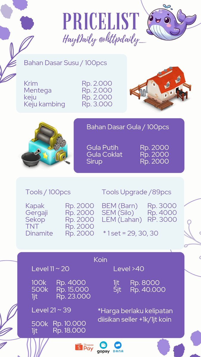 httpdaily_'s tweet photo. Open santai yaaa🤗 yang cari hayday needs sini merapat. Ready koin, alat upgrade barn, lahan, silo, badas, altam, albeg, dll 🤩 pl lengkap bisa cek di katalog WA😉

Order via WA only, ada di bio🤗

#zonauang #zonajajan https://t.co/dxG4SXNmnJ