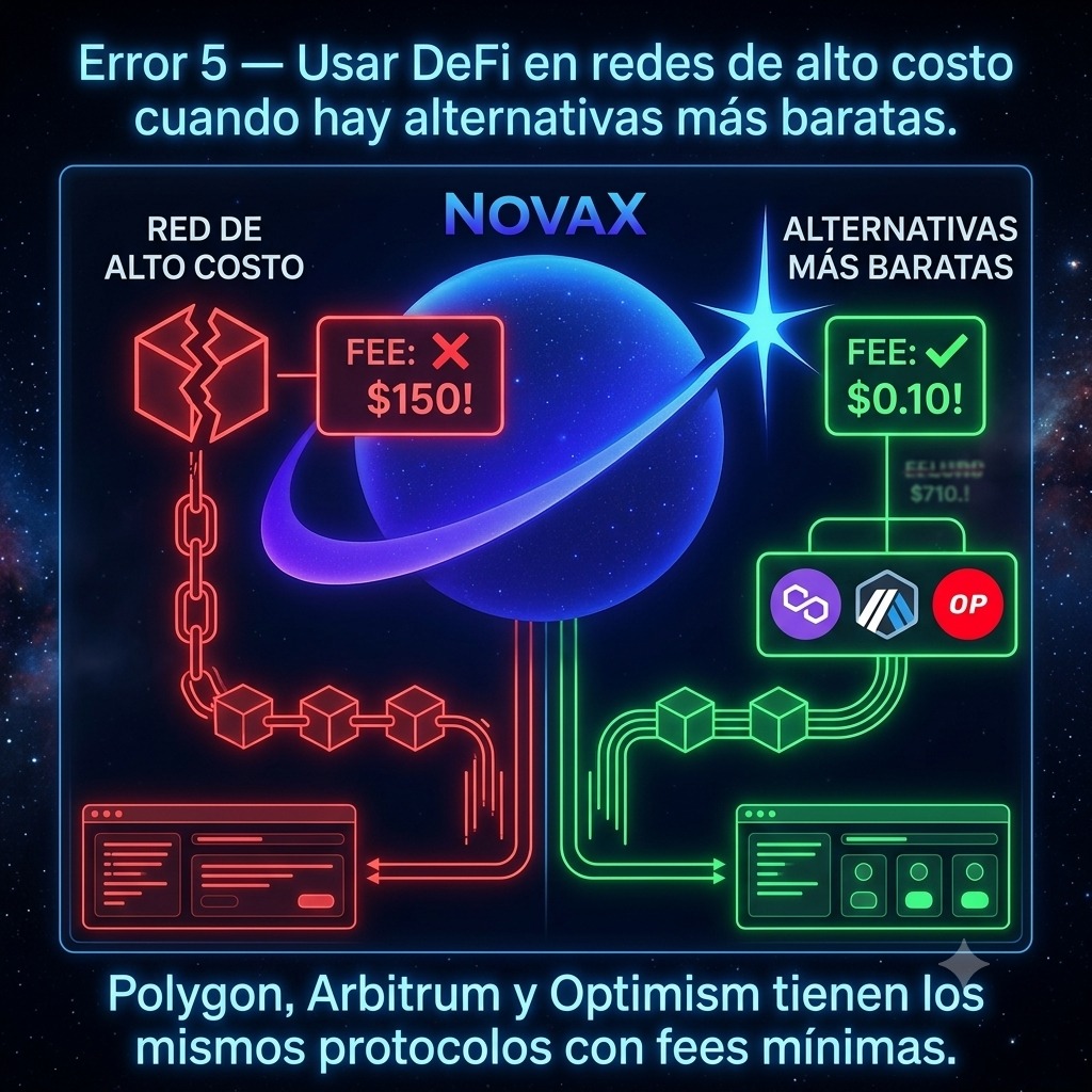 Novax_academy's tweet photo. Error 5 — Usar DeFi en redes de alto costo cuando hay alternativas más baratas. Polygon, Arbitrum y Optimism tienen los mismos protocolos con fees mínimas. https://t.co/878p9cKX5f