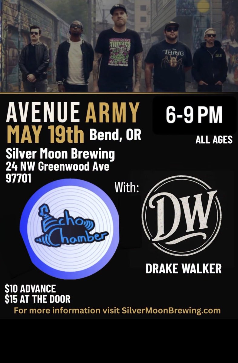 RdubRecordings's tweet photo. #AvenueArmy | #EchoChamber | #DrakeWalker tonight at #SilverMoonBrewing Bend, OR! 🔥#AllAges Show! https://t.co/vC5qCePNEe