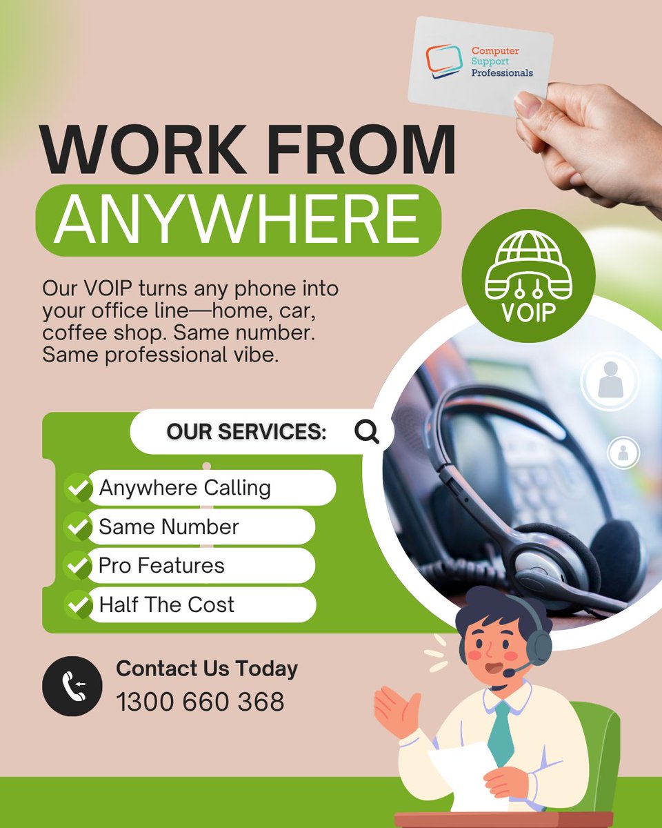 ProfessionalsCs's tweet photo. Switch to VoIP and enjoy smarter calls, flexible working, easy call transfers and professional communication without the heavy phone bills.

Contact us today: https://t.co/TcsRzO0aFw

#VoIP #voipservices #phonesystem #BusinessCommunication #ComputerSupportProfessionals #australia https://t.co/Hb2DNurjmn