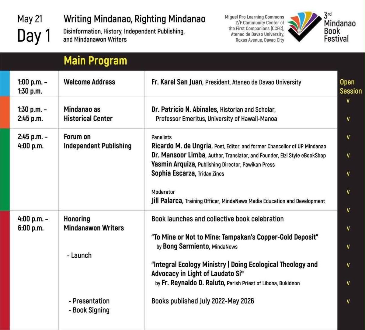 ADDU_Libraries's tweet photo. 📚🖋️ The 3rd Mindanao Book Festival, themed “Writing Mindanao, Righting Mindanao,” happens on May 21–23, at Ateneo de Davao University - MPLC.
🌏 Join talks, exhibits, book launches, workshops, and conversations on history, peace, media literacy, climate justice, and Mindanao. https://t.co/1HoVHbb30S