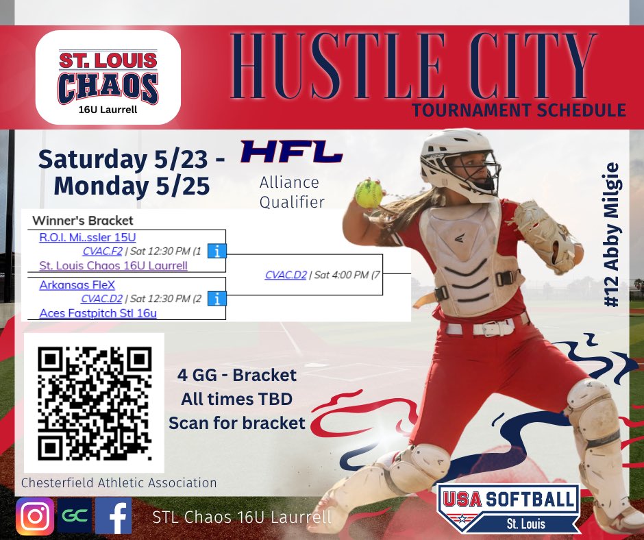 ChaosNTL08's tweet photo. Big weekend ahead 🥎🔥

This weekend’s tournament is an @thealliancefp National qualifier and the girls are ready to compete! 💪⚡️

Check out our schedule graphic for Game 1 and scan the QR code to follow the bracket for game times! 👀📲

#ChaosYouKnow https://t.co/Y90LwVKlrG