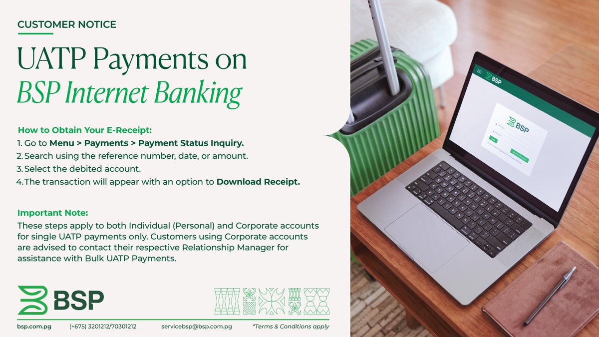 BSPPacific's tweet photo. BSP PNG| Did you know you, can now make single UATP payments to Air Niugini via BSP Internet Banking? Simply follow the steps outlined below.
Self-register on Internet Banking today to access these convenient services https://t.co/hkLHMqUnZE No branch visit required. 
Customers using Corporate accounts can contact their respective BSP Relationship Manager for assistance with Bulk UATP payments.