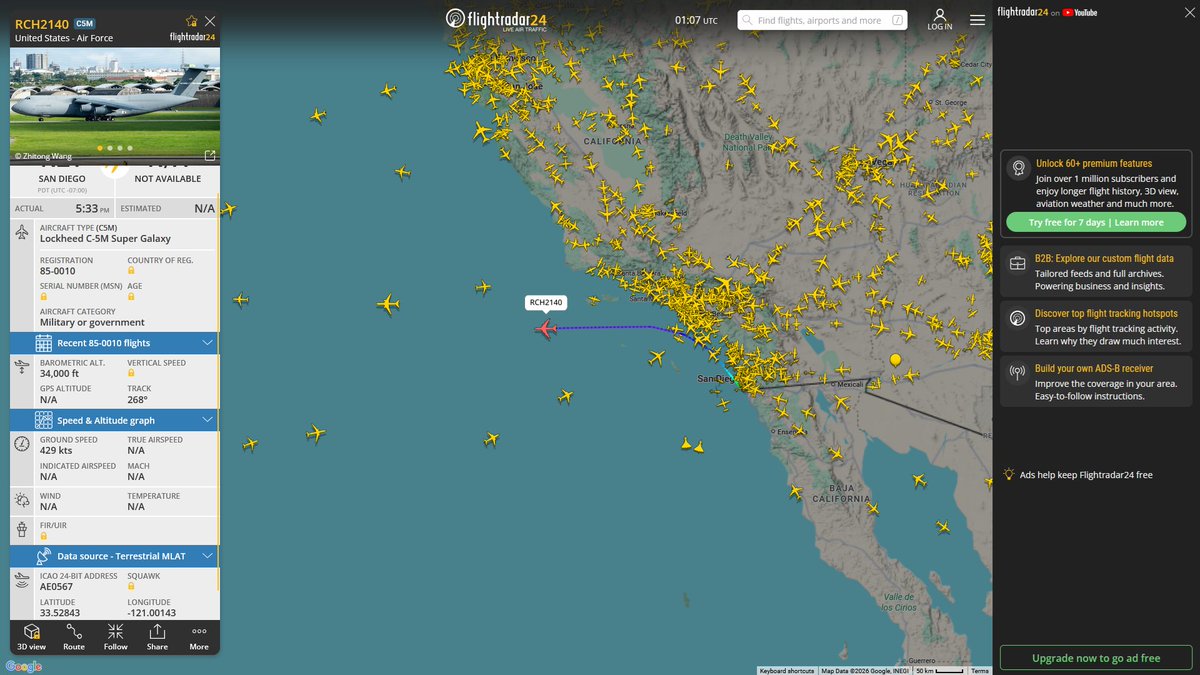 AIYeyENGDdJkjTr's tweet photo. May 20, 2026
#Fairfield Travis Air Force Base #Naval Air Station North Island, San Diego ==> #Joint Base Pearl Harbor-Hickam, Honolulu
#RCH2140 #AE0567 USAF C-5M Super Galaxy https://t.co/OqSojN5i0G