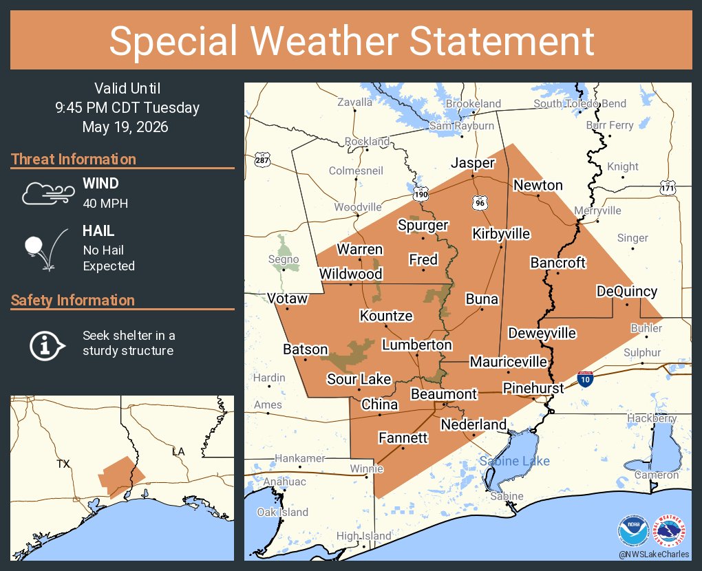 A special weather statement has been issued for Beaumont TX, Nederland ...