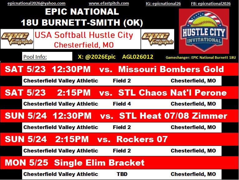 KimbleAlix's tweet photo. We will be in Missouri this weekend for the Hustle City! Posted below is our schedule. Appreciate everyone following my season so far and hope to see you there! #epic 

@rsusoftball @TulsaSoftball @MeanGreenSB @AggieSoftball @EState_Softball @MSSUSoftball @CrowderSoftball @McLennan_SB @CycloneSB @GCU_Softball @CuseSB @UTEPSoftball @AlabamaSB @RazorbackSB @gclvsoftball @UNCSoftball @GamecockSoftbll @OmahaSB @UCOSoftball @UConnSoftball @KUSoftball @MoStateSoftball @MizzouSoftball @GoJacksSoftball @NSUDemonsSB @BluejaySoftball @nicholls_sb @Coach_Bolden @2026Epic @Epic__SB @CoachChrisRay