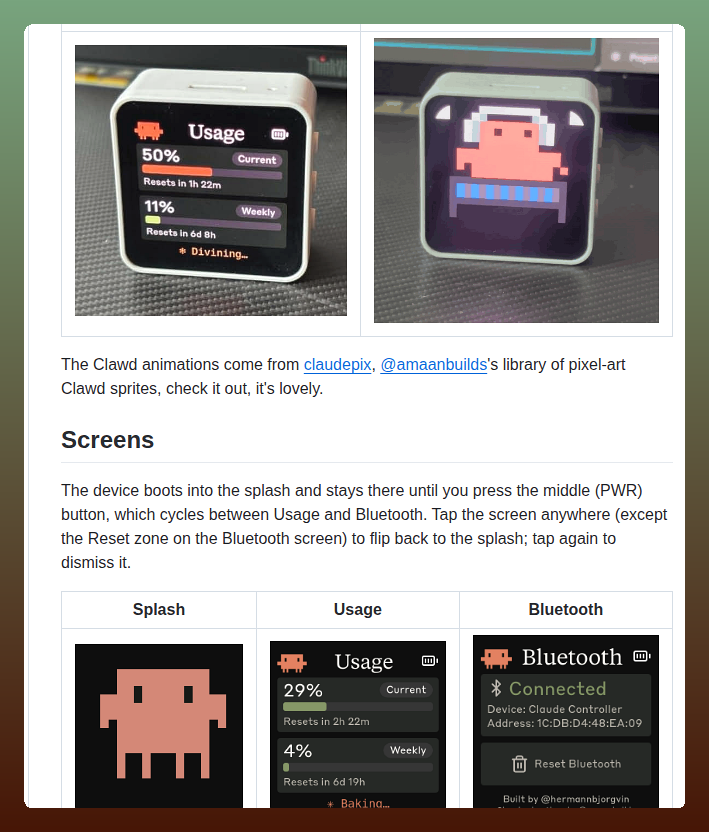ESP32 touchscreen showing a live Claude Code usage meter and pixel-art status display for an always-on coding session