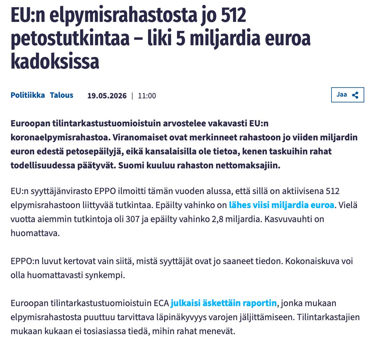 MinnaMkinen6's tweet photo. Suomi laittoi ahkerasti rahaa EU:n elpymisrahastoon.

Harmi, että Suomen päättäjät eivät ottaneet selvää, minne se raha menee. Kyllä nyt harmittaa voi voi! 

Älä harmittele. Eräs silloin puikoissa ollut valtiomies sanoi, että "Suomi on rikas maa". Muistatko, kuka näin sanoi? https://t.co/MU5TbVa0Tf